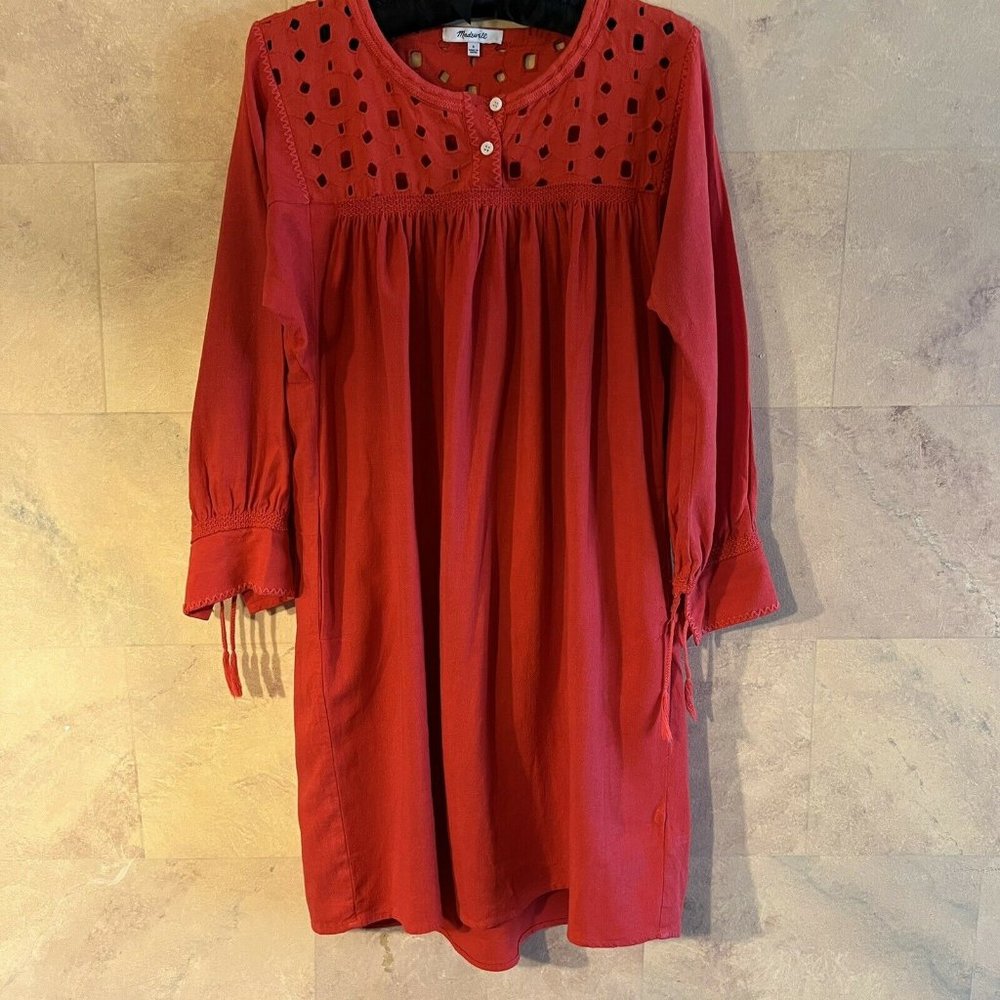 New Madewell SM Tunic Dress Orange Embroidered Cut-out Yoke Long Sleeve Bohemian